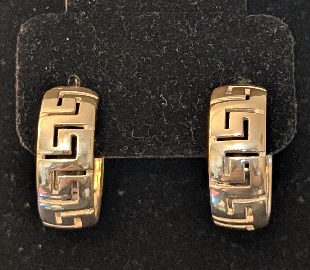 925 Sterling Silver Greek Key Post 1" Round 3/8" Wide Hoop Earrings